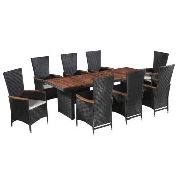 ARDEBO.de - 9-tlg. Garten-Essgruppe mit Auflagen Poly Rattan Schwarz  