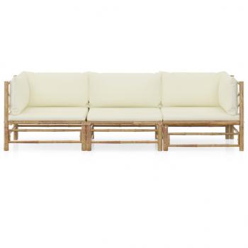 3-tlg. Garten-Lounge-Set mit Cremeweißen Kissen Bambus