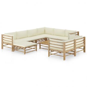 ARDEBO.de - 10-tlg. Garten-Lounge-Set mit Cremeweißen Kissen Bambus