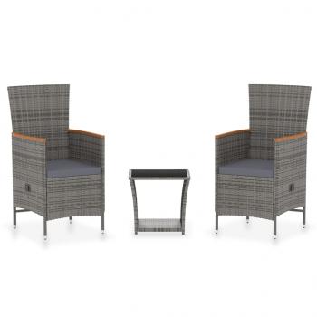 3-tlg. Garten-Lounge-Set mit Kissen Poly Rattan Grau