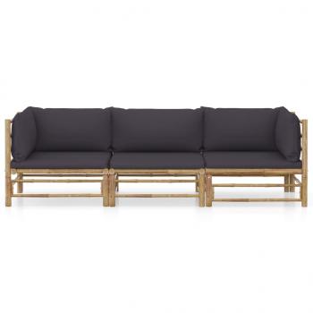 3-tlg. Garten-Lounge-Set mit Dunkelgrauen Kissen Bambus