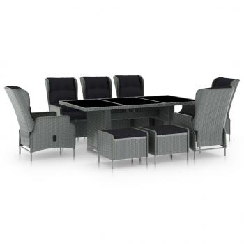 ARDEBO.de - 9-tlg. Garten-Essgruppe mit Auflagen Poly Rattan Hellgrau