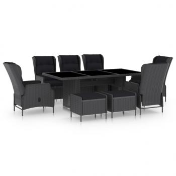 ARDEBO.de - 9-tlg. Garten-Essgruppe mit Auflagen Poly Rattan Dunkelgrau