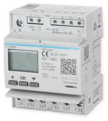 Hager ECR380D Energiezähler 3phasig, direkt 80A, 4M, MODBUS, MID