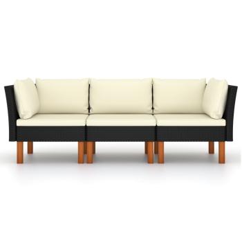 3-Sitzer-Gartensofa mit Kissen Schwarz Poly Rattan