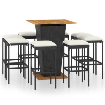 9-tlg. Gartenbar-Set mit Kissen Poly Rattan Schwarz