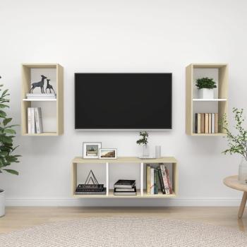 ARDEBO.de - 3-tlg. TV-Schrank-Set Weiß Sonoma-Eiche Holzwerkstoff