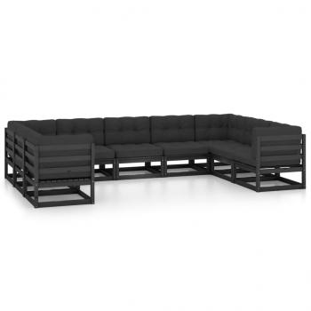 9-tlg. Garten-Lounge-Set mit Kissen Schwarz Massivholz Kiefer