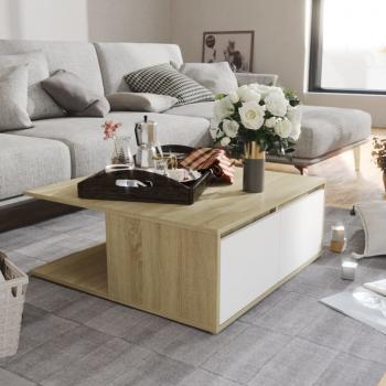 ARDEBO.de - Couchtisch Weiß und Sonoma-Eiche 80x80x31 cm Holzwerkstoff