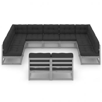 11-tlg. Garten-Lounge-Set mit Kissen Grau Kiefer Massivholz
