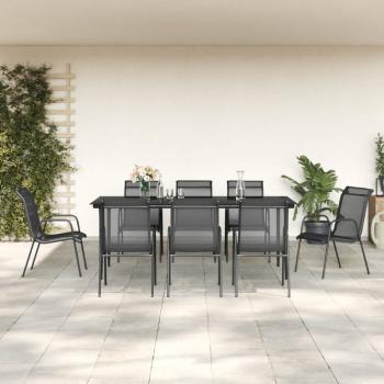ARDEBO.de - 9-tlg. Garten-Essgruppe Schwarz Stahl und Textilene