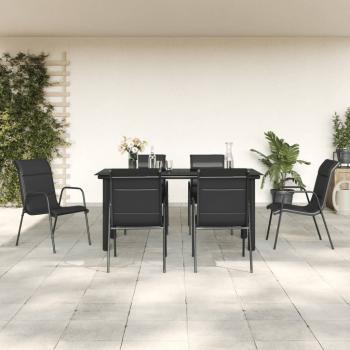 ARDEBO.de - 7-tlg. Garten-Essgruppe Schwarz Stahl und Textilene