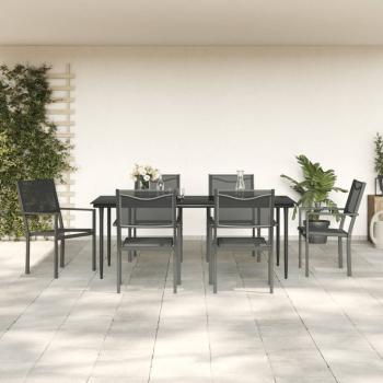 ARDEBO.de - 7-tlg. Garten-Essgruppe Schwarz Stahl und Textilene
