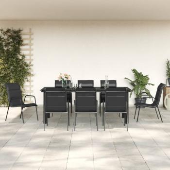 ARDEBO.de - 9-tlg. Garten-Essgruppe Schwarz Stahl und Textilene