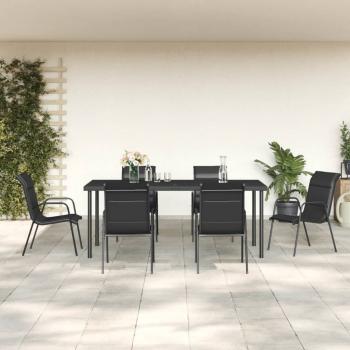 ARDEBO.de - 7-tlg. Garten-Essgruppe Schwarz Stahl und Textilene