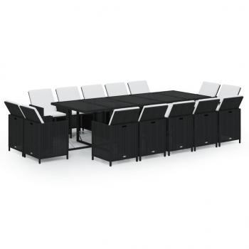 15-tlg. Garten-Essgruppe mit Kissen Poly Rattan Schwarz