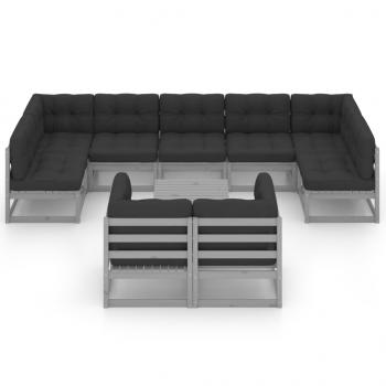 10-tlg. Garten-Lounge-Set mit Kissen Grau Massivholz Kiefer
