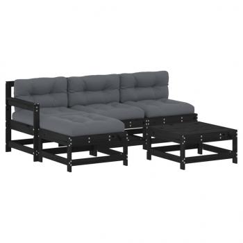 5-tlg. Garten-Lounge-Set mit Kissen Schwarz Massivholz