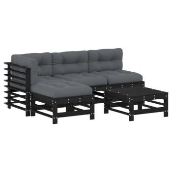 5-tlg. Garten-Lounge-Set mit Kissen Schwarz Massivholz
