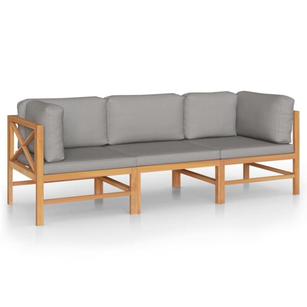 3-Sitzer-Gartensofa mit Grauen Kissen Massivholz Teak