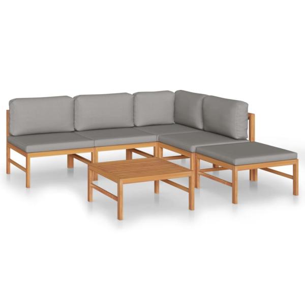 6-tlg. Garten-Lounge-Set mit Grauen Kissen Massivholz Teak