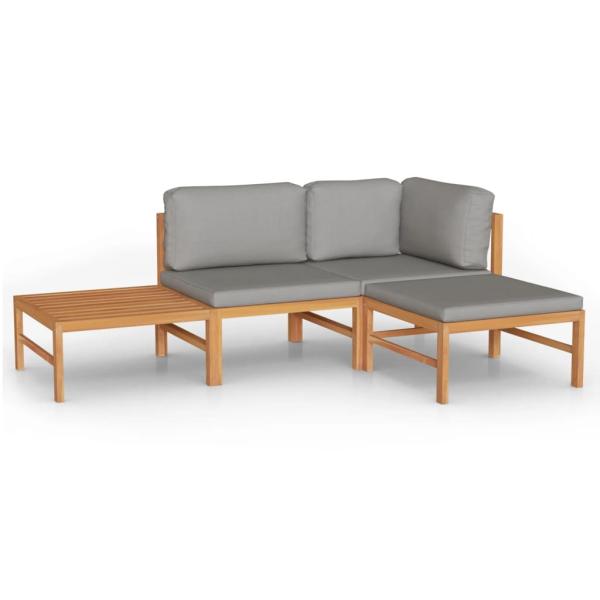 4-tlg. Garten-Lounge-Set mit Grauen Kissen Massivholz Teak