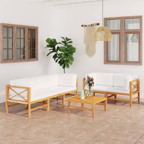 ARDEBO.de - 6-tlg. Garten-Lounge-Set mit Creme Kissen Massivholz Teak