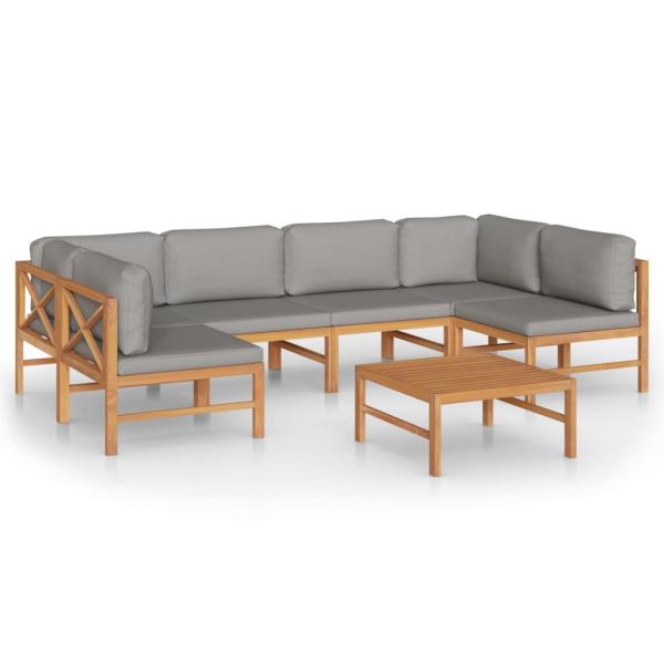 7-tlg. Garten-Lounge-Set mit Grauen Kissen Massivholz Teak