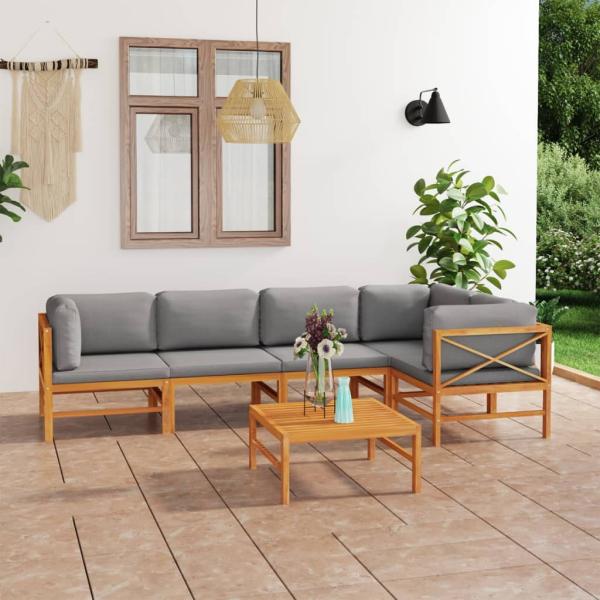 ARDEBO.de - 6-tlg. Garten-Lounge-Set mit Grauen Kissen Massivholz Teak