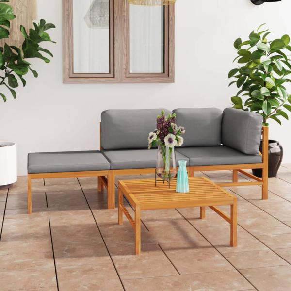 ARDEBO.de - 4-tlg. Garten-Lounge-Set mit Grauen Kissen Massivholz Teak