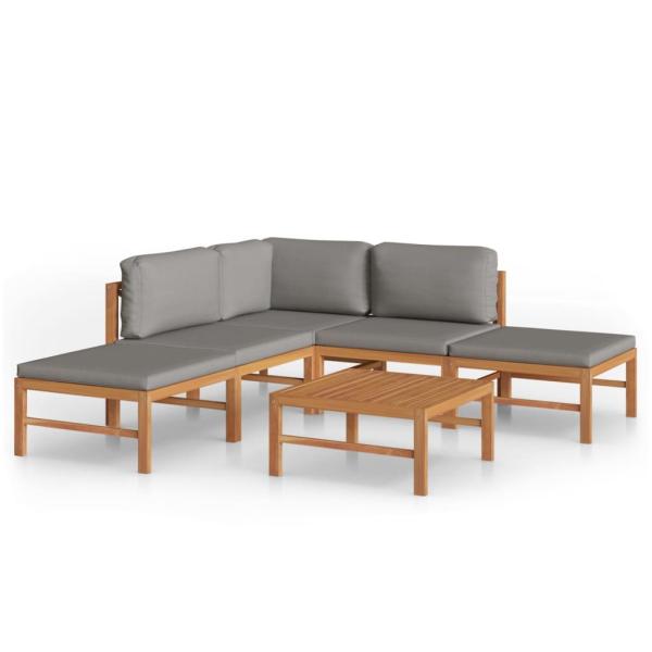 6-tlg. Garten-Lounge-Set mit Grauen Kissen Massivholz Teak