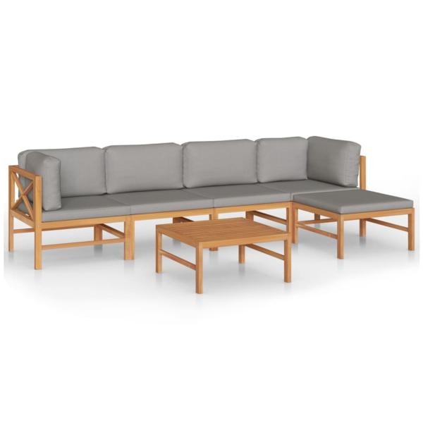 6-tlg. Garten-Lounge-Set mit Grauen Kissen Massivholz Teak