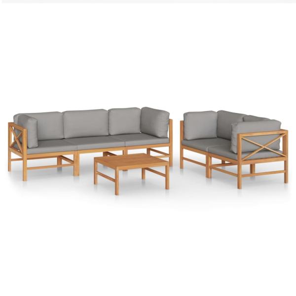 6-tlg. Garten-Lounge-Set mit Grauen Kissen Massivholz Teak