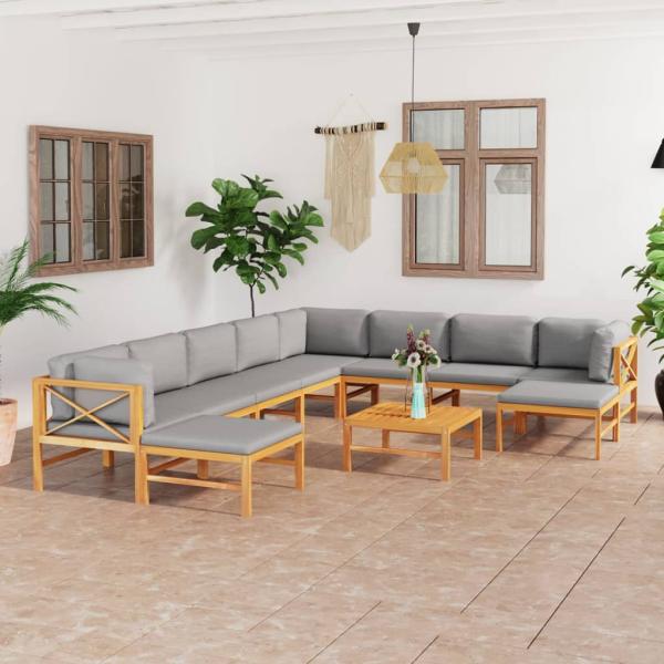 ARDEBO.de - 11-tlg. Garten-Lounge-Set mit Grauen Kissen Massivholz Teak