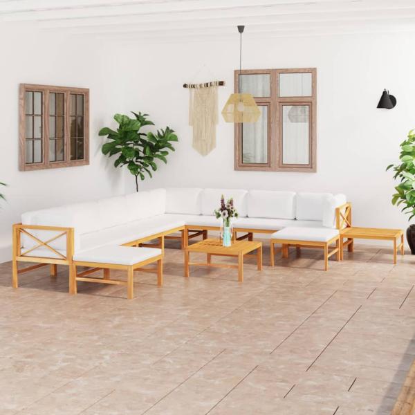 ARDEBO.de - 12-tlg. Garten-Lounge-Set mit Creme Kissen Massivholz Teak