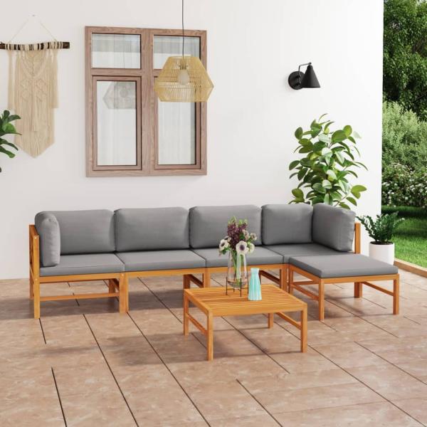 ARDEBO.de - 6-tlg. Garten-Lounge-Set mit Grauen Kissen Massivholz Teak