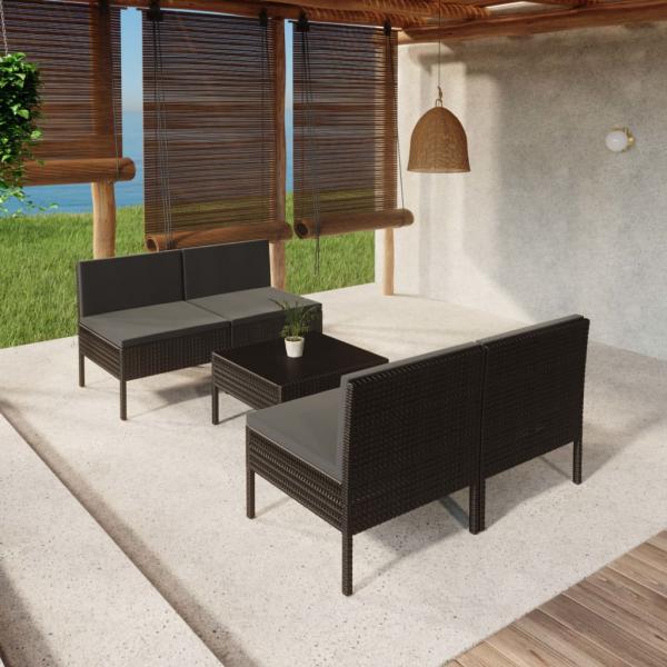 ARDEBO.de - 5-tlg. Garten-Lounge-Set mit Auflagen Poly Rattan Schwarz