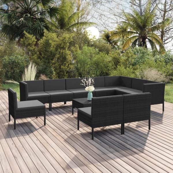ARDEBO.de - 11-tlg. Garten-Lounge-Set mit Auflagen Poly Rattan Schwarz