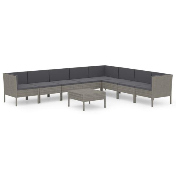 9-tlg. Garten-Lounge-Set mit Auflagen Poly Rattan Grau