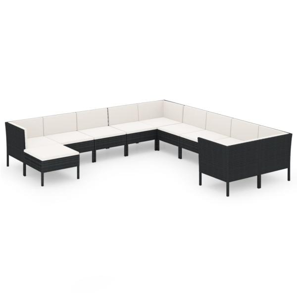 11-tlg. Garten-Lounge-Set mit Auflagen Poly Rattan Schwarz