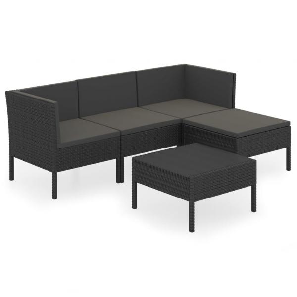5-tlg. Garten-Lounge-Set mit Auflagen Poly Rattan Schwarz