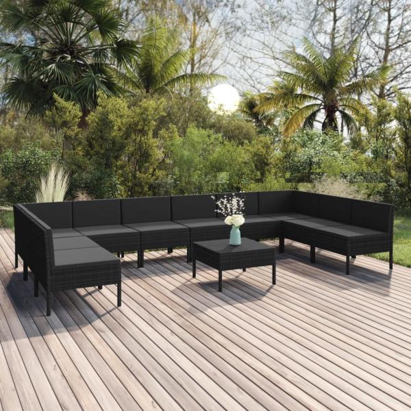 ARDEBO.de - 11-tlg. Garten-Lounge-Set mit Auflagen Poly Rattan Schwarz