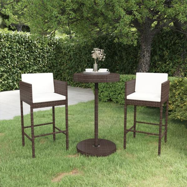 ARDEBO.de - 3-tlg. Gartenbar-Set mit Kissen Poly Rattan Braun