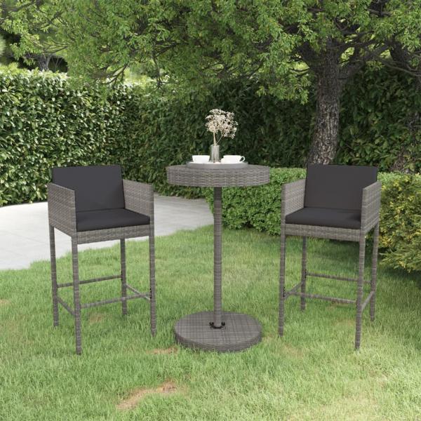 ARDEBO.de - 3-tlg. Gartenbar-Set mit Kissen Poly Rattan Grau