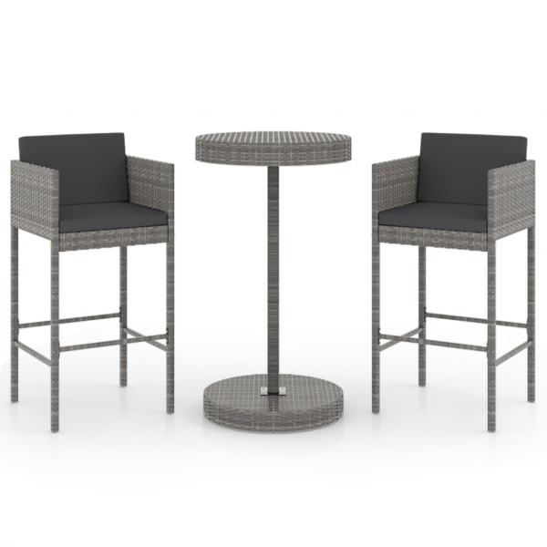 3-tlg. Gartenbar-Set mit Kissen Poly Rattan Grau