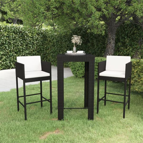 ARDEBO.de - 3-tlg. Gartenbar-Set mit Kissen Poly Rattan Schwarz