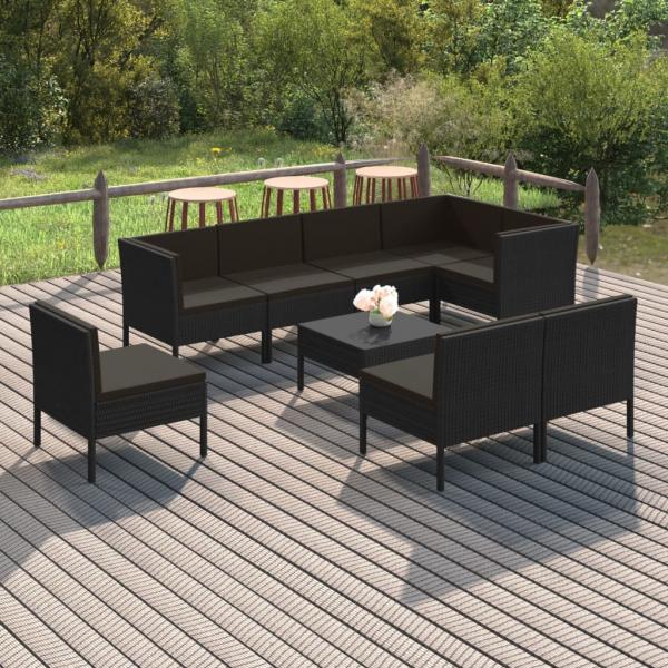 ARDEBO.de - 9-tlg. Garten-Lounge-Set mit Auflagen Poly Rattan Schwarz