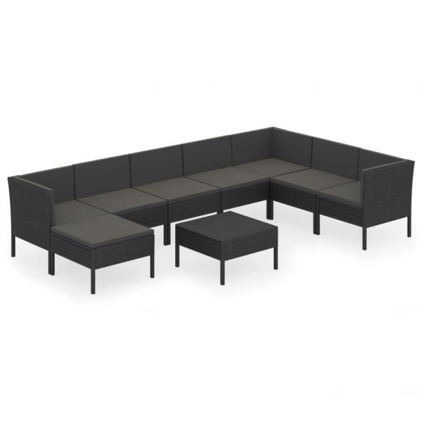 9-tlg. Garten-Lounge-Set mit Auflagen Poly Rattan Schwarz