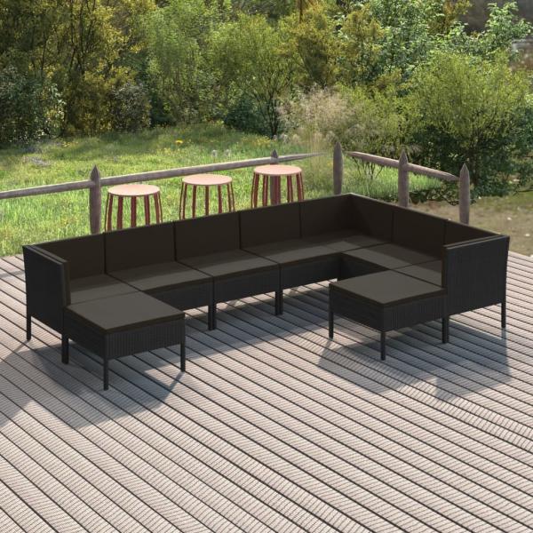 ARDEBO.de - 9-tlg. Garten-Lounge-Set mit Auflagen Poly Rattan Schwarz