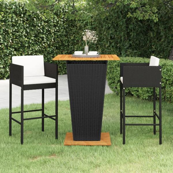 ARDEBO.de - 3-tlg. Gartenbar-Set mit Kissen Poly Rattan Schwarz